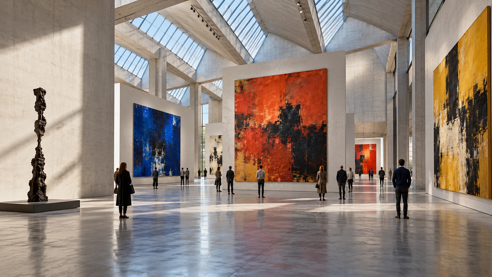 An imagined monumental exhibition, with visitors among vast abstract paintings in a skylit gallery.